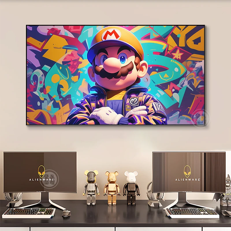炫彩涂鸦超级马里奥横版挂画卡通二次元网咖电竞房卧室宿舍装饰画