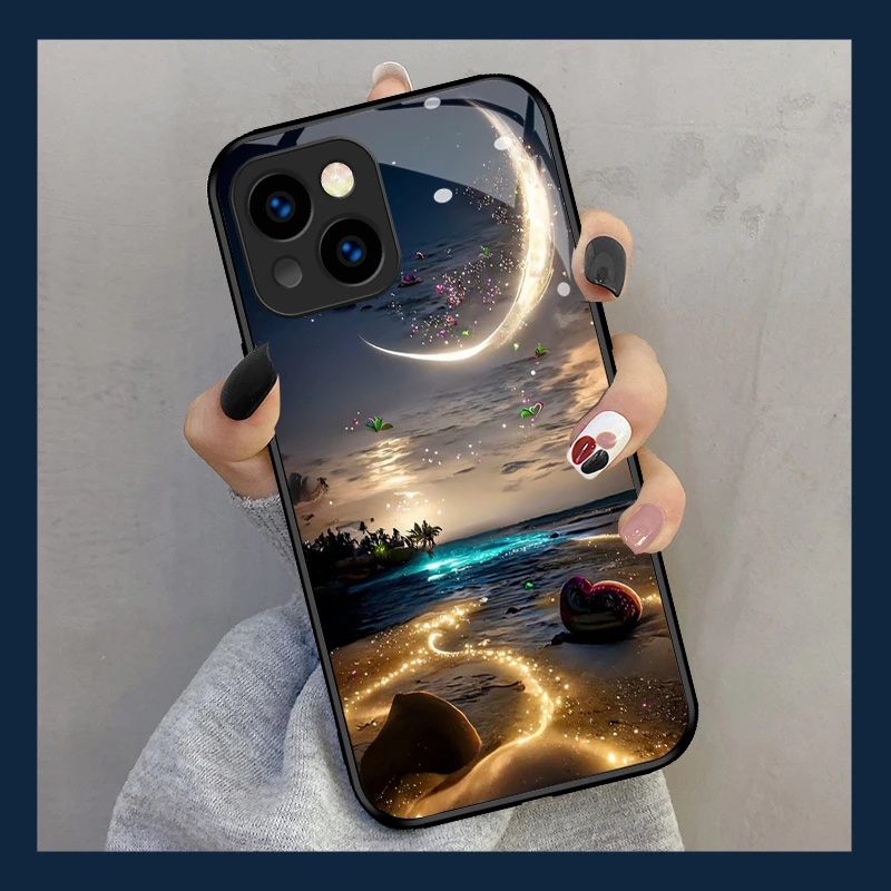 星河海滩适用iPhone15手机壳玻璃13promax新款14plus苹果12保护套