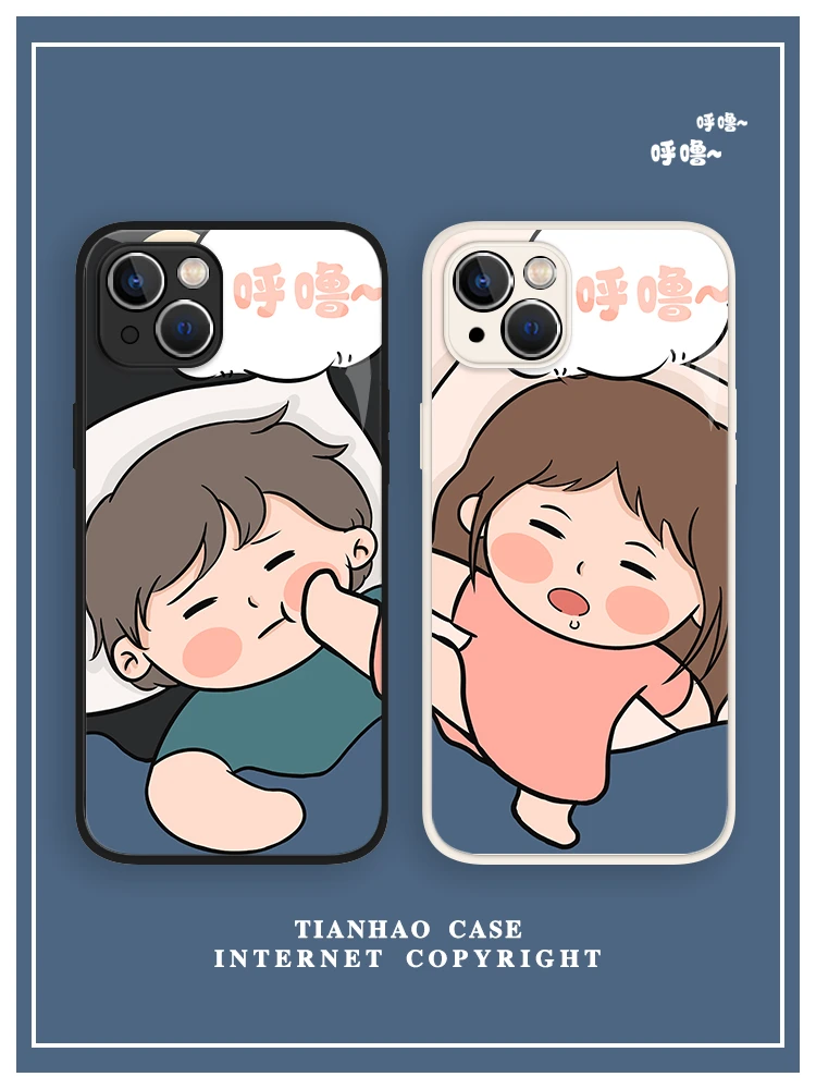 睡觉情侣适用苹果15promax手机壳iPhone14玻璃13情侣12pro卡通11p