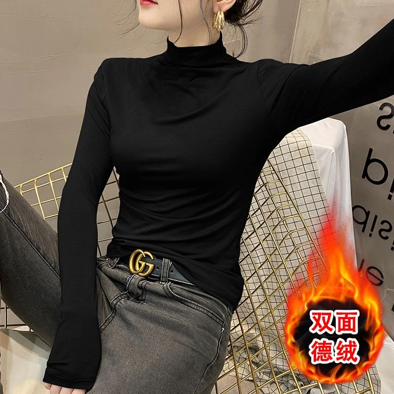 秋冬季新款双面德绒半高领打底衫长袖女洋气内搭加绒加厚保暖上衣