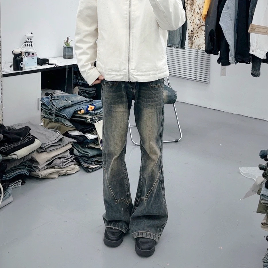 D3383#经典复古小众结构设计怀旧水洗做旧微喇叭牛仔裤长裤