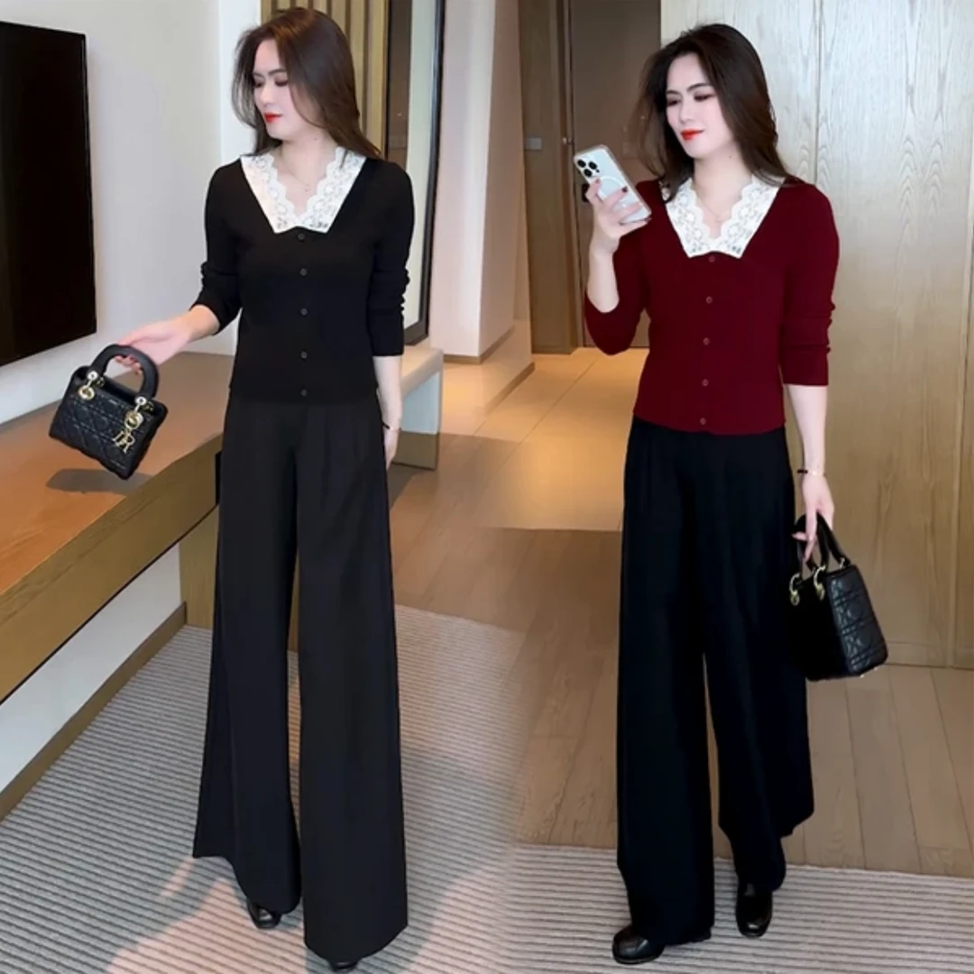 显瘦T恤小众设计感V领蕾丝2024秋冬新款时尚减龄针织毛衣上衣