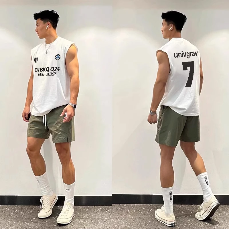 美式潮牌创意简约字母印花运动无袖背心男夏季纯棉圆领宽松上衣服