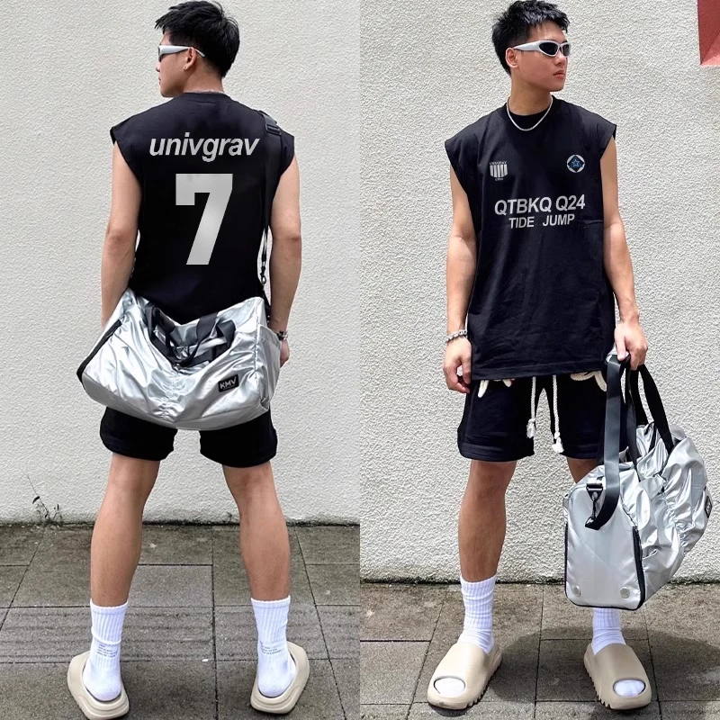 夏季纯棉无袖T恤背心男ins潮流百搭设计小众字母印花宽松百搭上衣