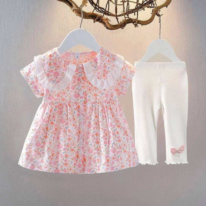新款女童夏季碎花连衣裙套装婴儿女宝短袖公主裙洋气小女孩两件套