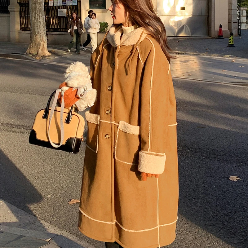 美拉德皮毛一体外套女2024冬季新款港味连帽复古过膝加绒加厚大衣