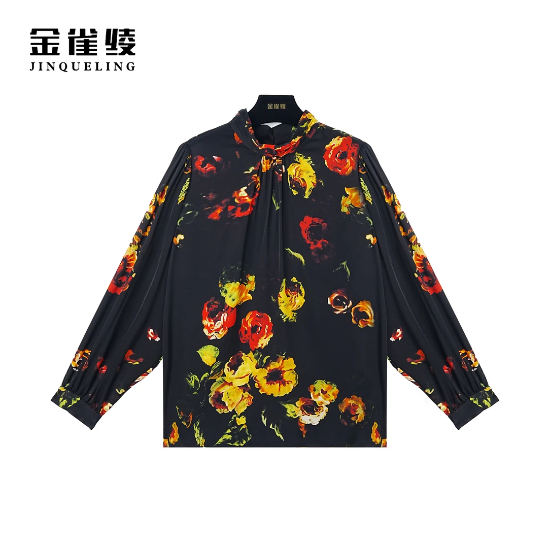金雀绫【月光美人】桑蚕丝印花时尚显瘦气质感立领衬衫SZ4S33