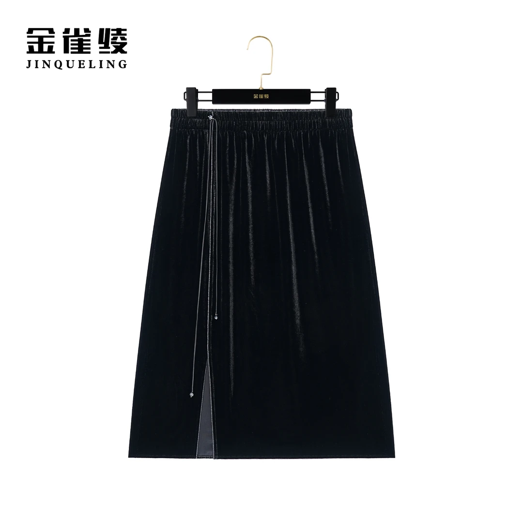 金雀绫【光影裙】100桑蚕丝时尚百搭丝绒休闲半身裙AQ6258