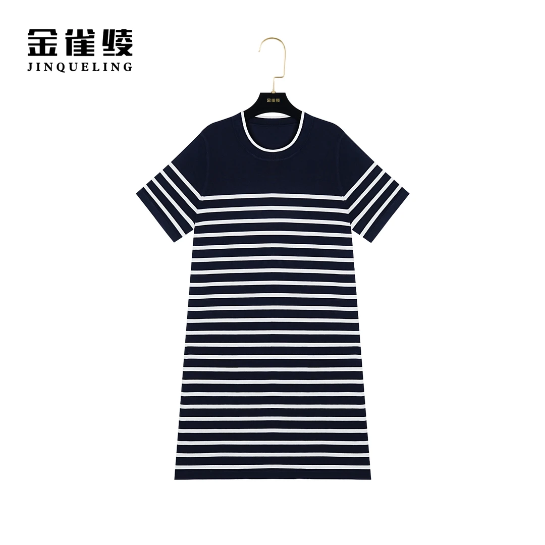 金雀绫【学院派】新款针织条纹时尚休闲撞色连衣裙K0297