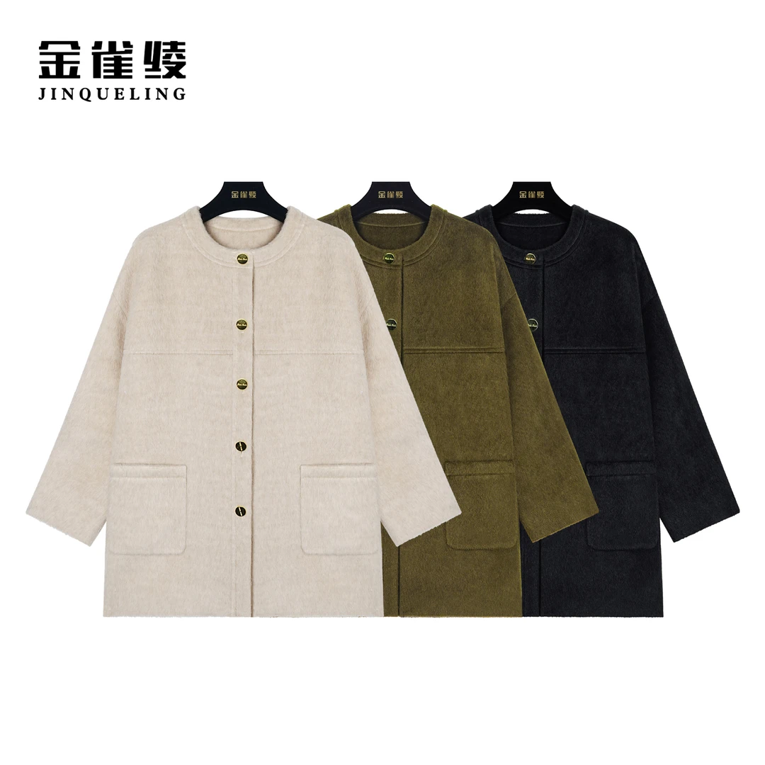 金雀绫【苏力女神】冬季新款圆领羊驼毛混纺中长款毛呢外套BT7067