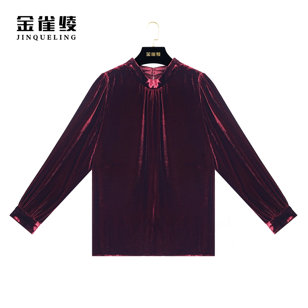 金雀绫【金韵芳华】100桑蚕丝丝绒立领轻奢气质款衬衫BS7083