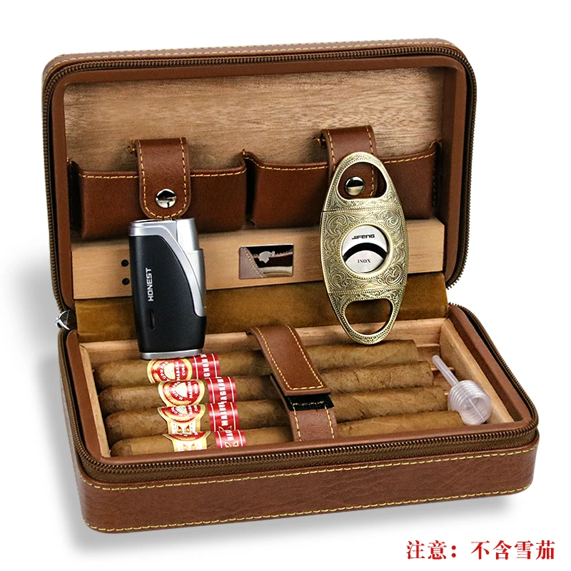 COHIBA雪茄便携套雪茄剪打火机套装香柏木棕色加湿保湿盒高希霸
