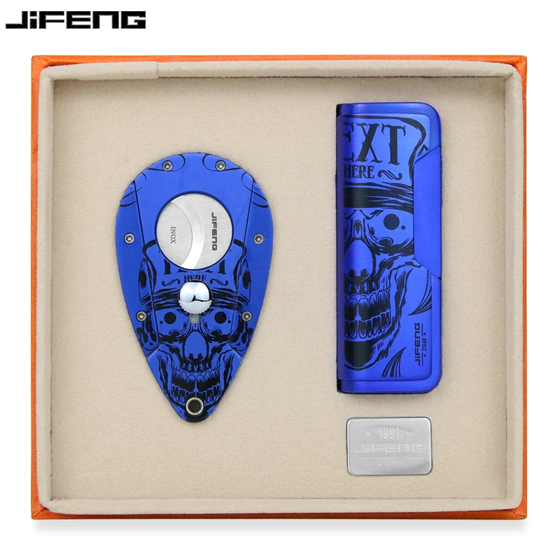 jifeng季风雪茄剪打火机套装充气打火机骷髅头不锈钢便携式雪茄刀