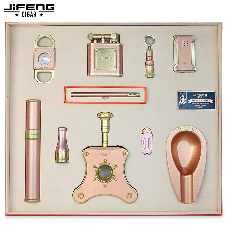 JIFENG雪茄剪打火机套装礼盒纯铜锋利打孔器通针防风打火机礼盒装