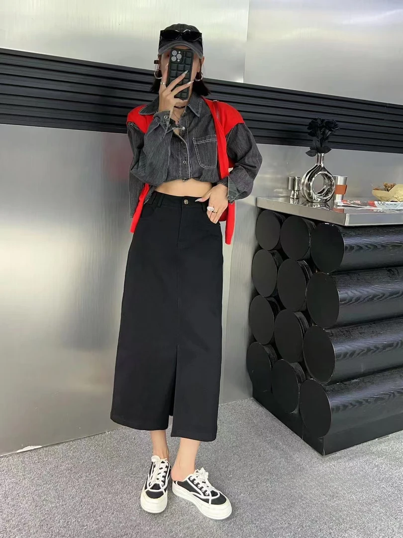 桐然精选编码251#秋季新款时尚百搭黑色高腰直筒修身显瘦半身裙