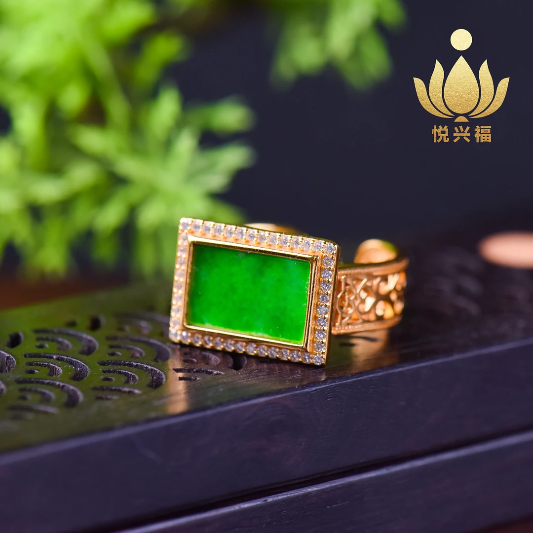 缅甸A货翡翠戒指S925银大气时尚阳绿翡翠戒指多样性发