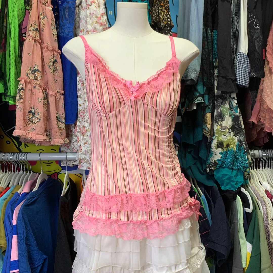 日制古着 吊带背心 复古仙女夏季蕾丝美背设计师修身