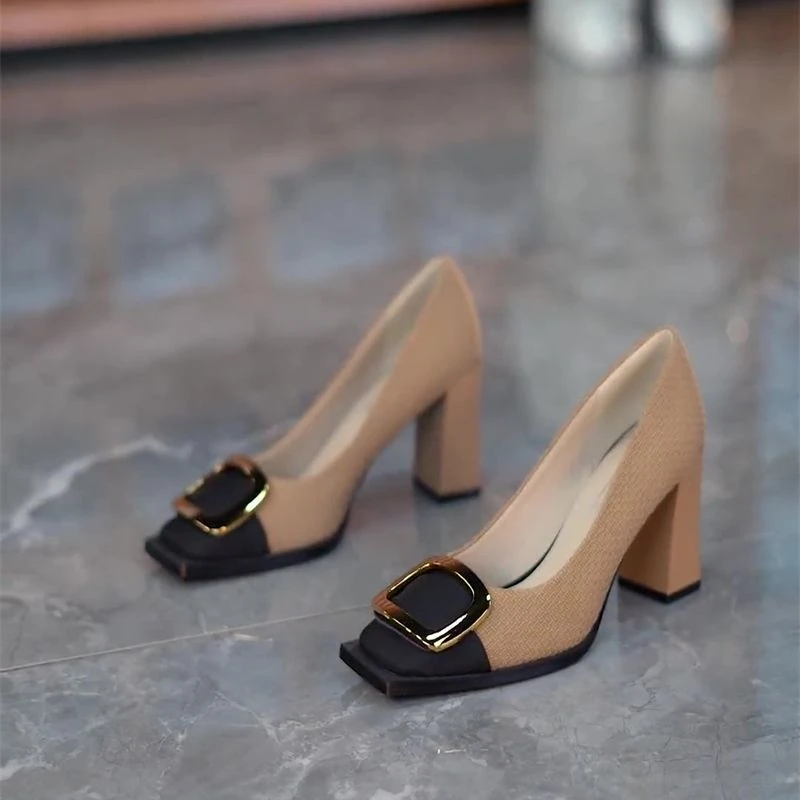 英伦风百搭粗跟高跟鞋女鞋2025年秋季方头插色浅口金属扣时装气质