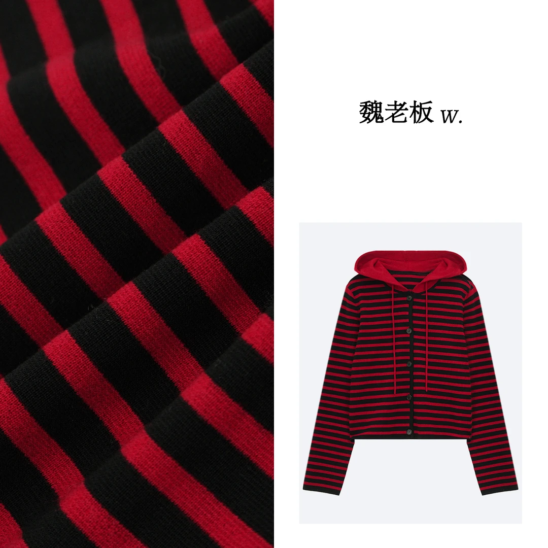 W.Diva【昭君】简约经典品质简约条纹撞色连帽长袖针织衫3Z2624215
