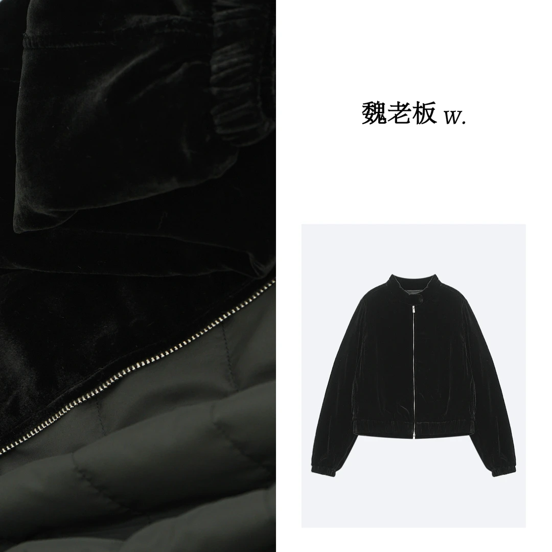 W.Diva【升级云朵感受】桑蚕丝丝绒品质立领黑色棉服外套4C164M270