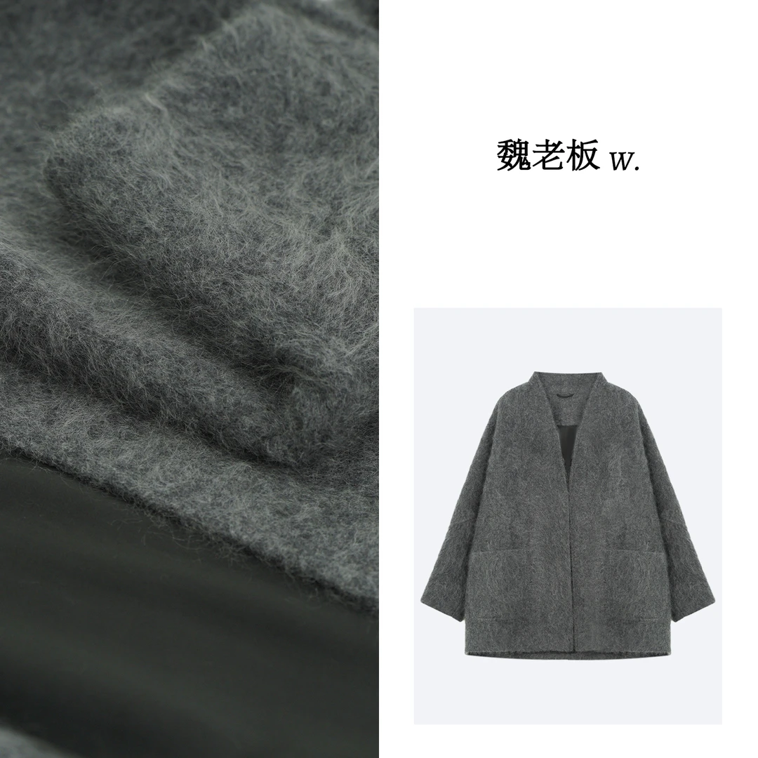W.Diva【倒影】100山羊绒时尚品质优雅韩版灰色开胸外套4C3008072
