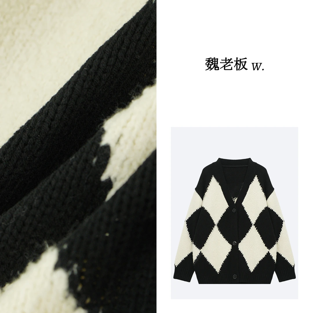 W.Diva【西厢】绵羊毛双纱混织黑白格纹慵懒显瘦开胸毛衣3C040020K