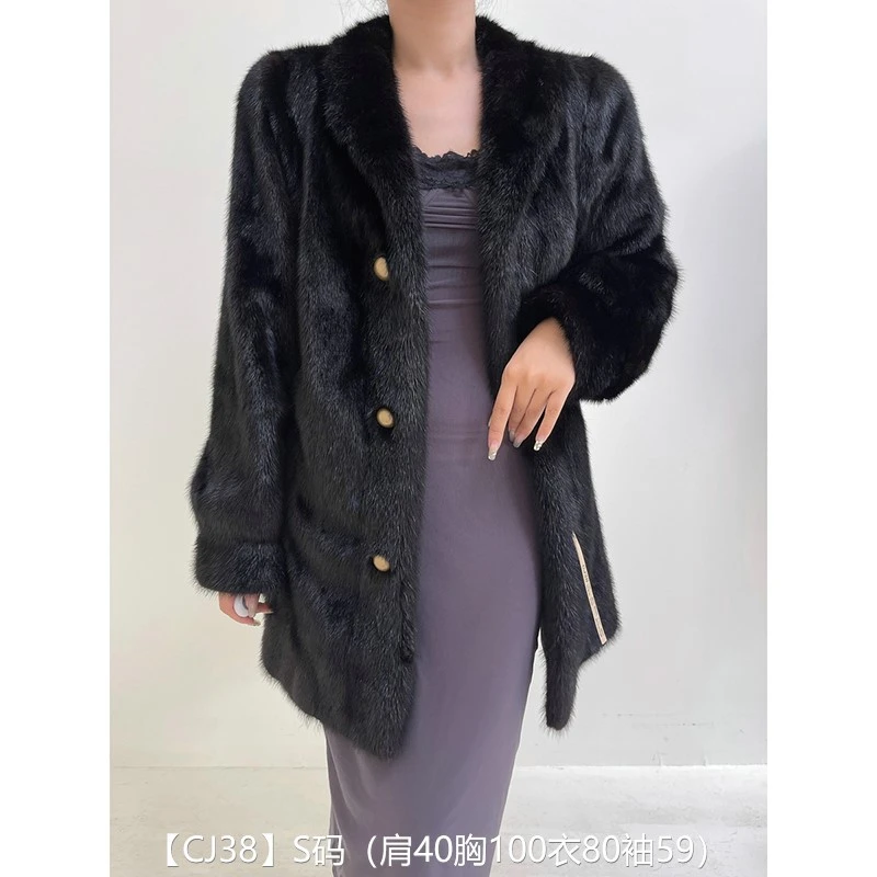 【CJ38】S码 纯黑色全抽中长款貂皮大衣皮草外套 翻领泡泡袖