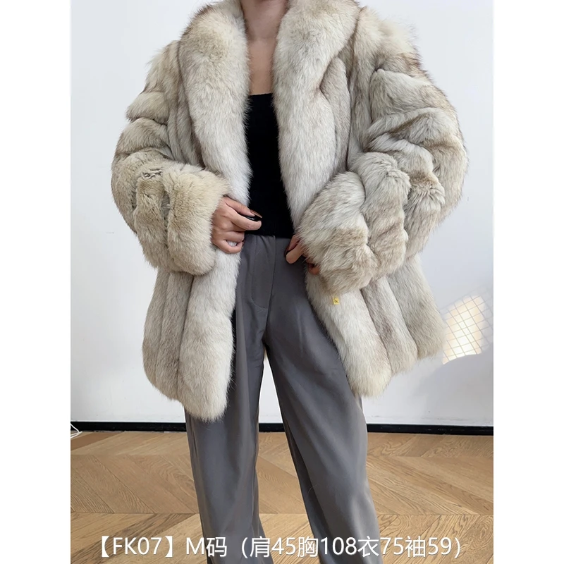 【FK07】M码 雪狐竖纹中长款狐狸毛外套皮草外套 青果领斜纹袖