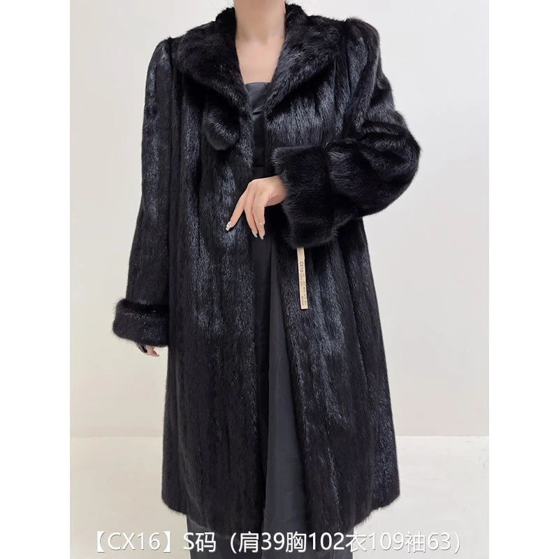 【CX16】S码 纯黑色全抽超长款貂皮大衣皮草外套 翻领挽袖
