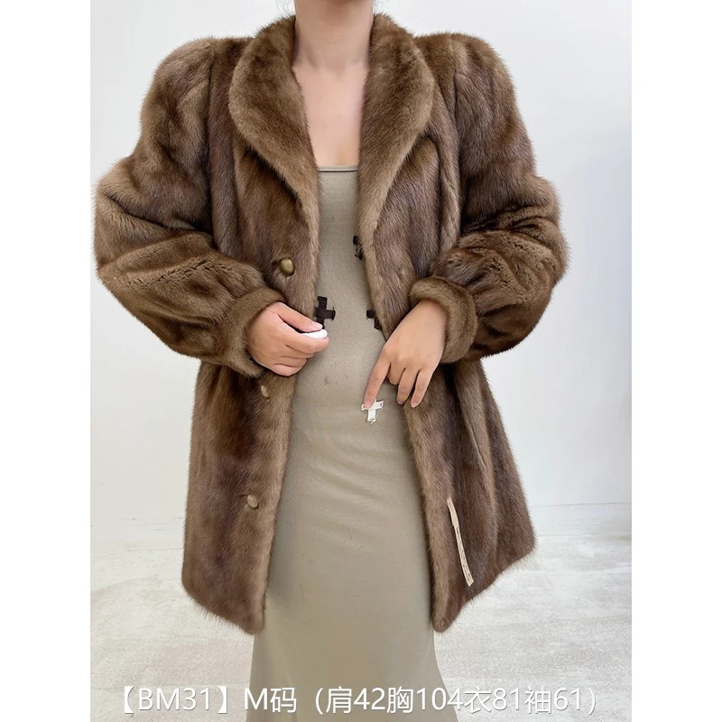 【BM31】M码 冷茶棕全抽中长款貂皮大衣皮草外套 翻立领泡泡袖