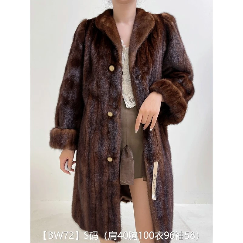 【BW72】S码 焦糖棕全抽长款貂皮大衣皮草外套 翻立领挽袖