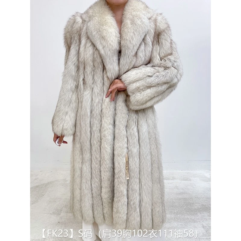 【FK23】S码 雪狐竖纹超长款狐狸毛外套皮草外套 西装领直筒袖