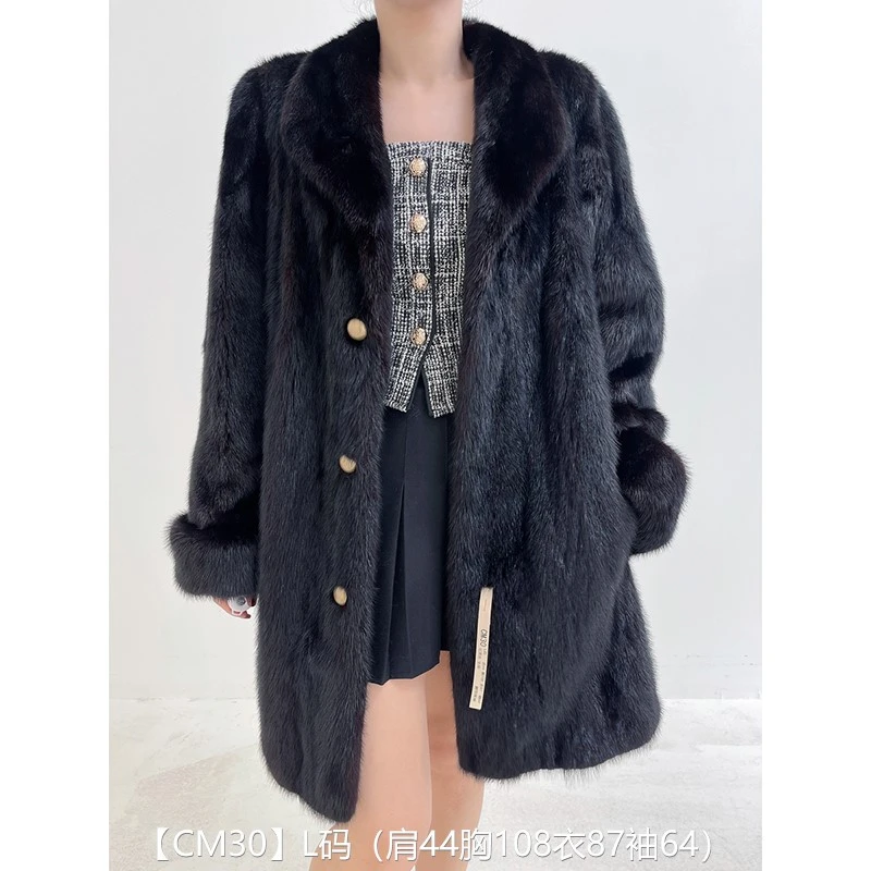 【CM30】L码 红黑色全抽中长款貂皮大衣皮草外套 翻领挽袖