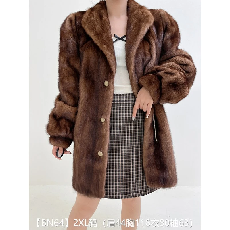 【BN64】2XL码 蜜茶棕全抽中长款貂皮大衣皮草外套 翻领泡泡袖