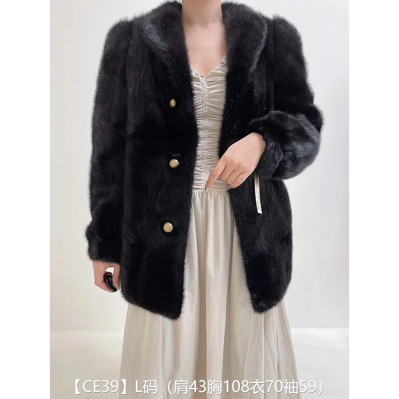 【CE39】L码 本黑色逆毛短款貂皮大衣皮草外套 翻领泡泡袖