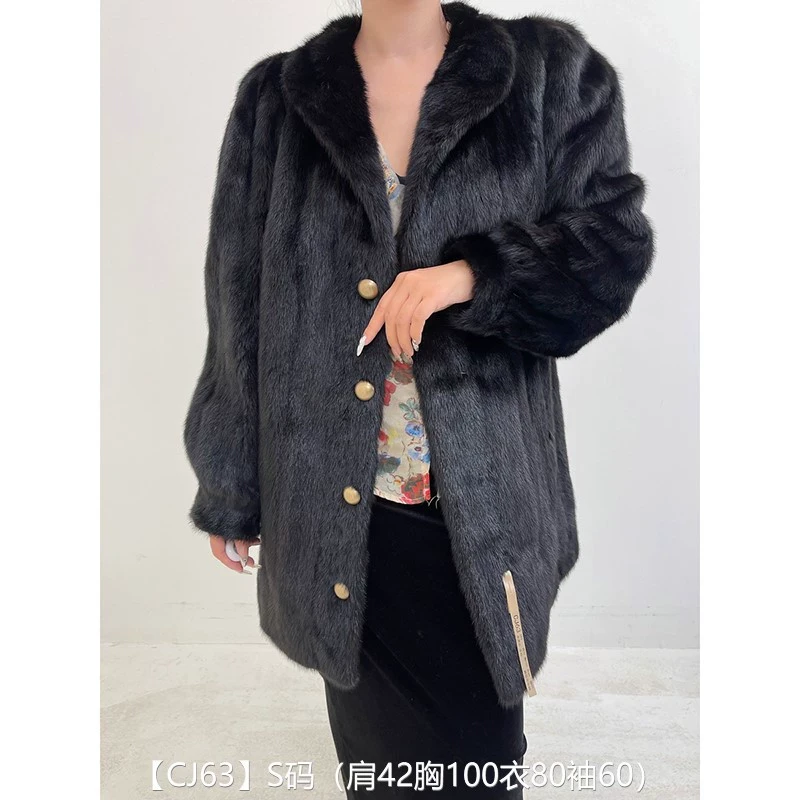 【CJ63】S码 本黑色全抽中长款貂皮大衣皮草外套 翻领泡泡袖