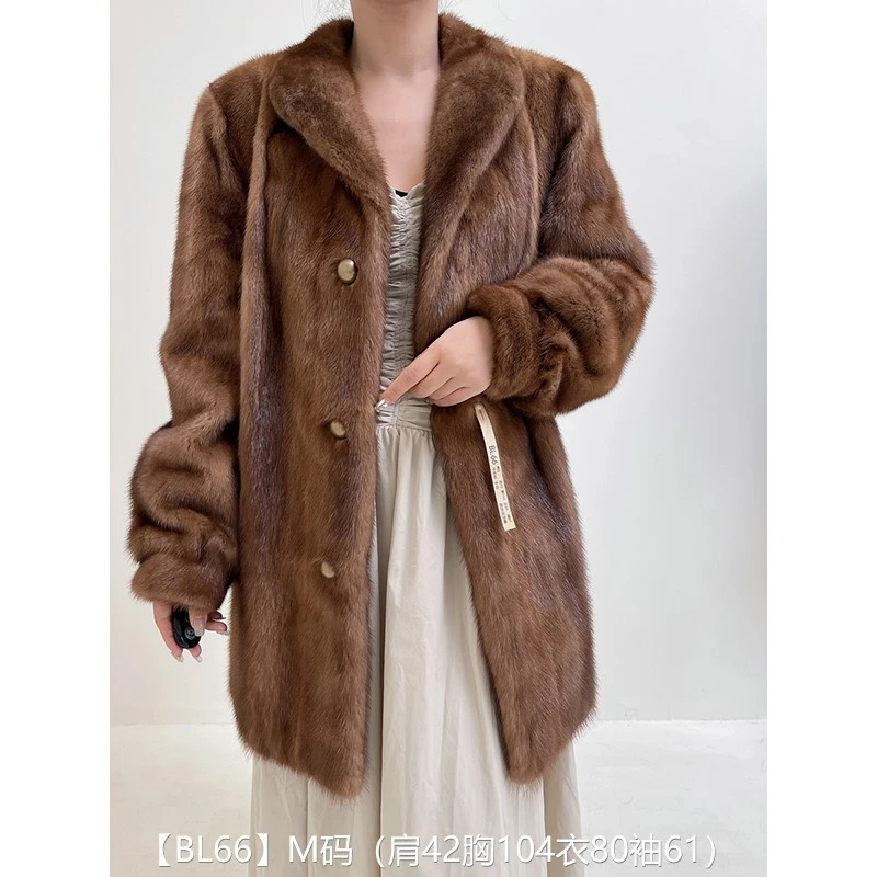 【BL66】M码 冷茶棕全抽中长款貂皮大衣皮草外套 翻领泡泡袖
