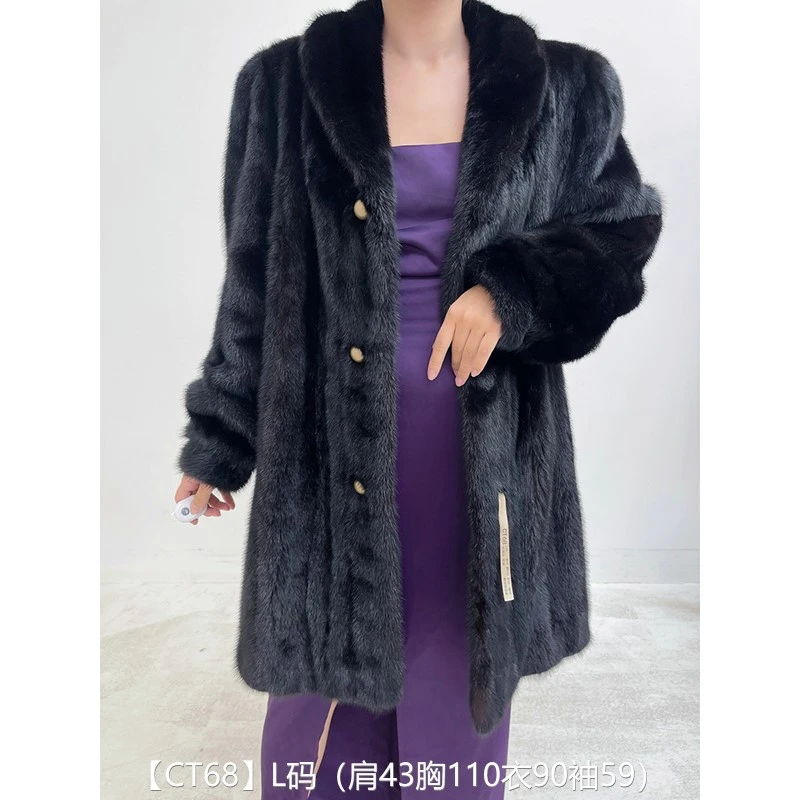 【CT68】L码 红黑色全抽长款貂皮大衣皮草外套 翻领泡泡袖