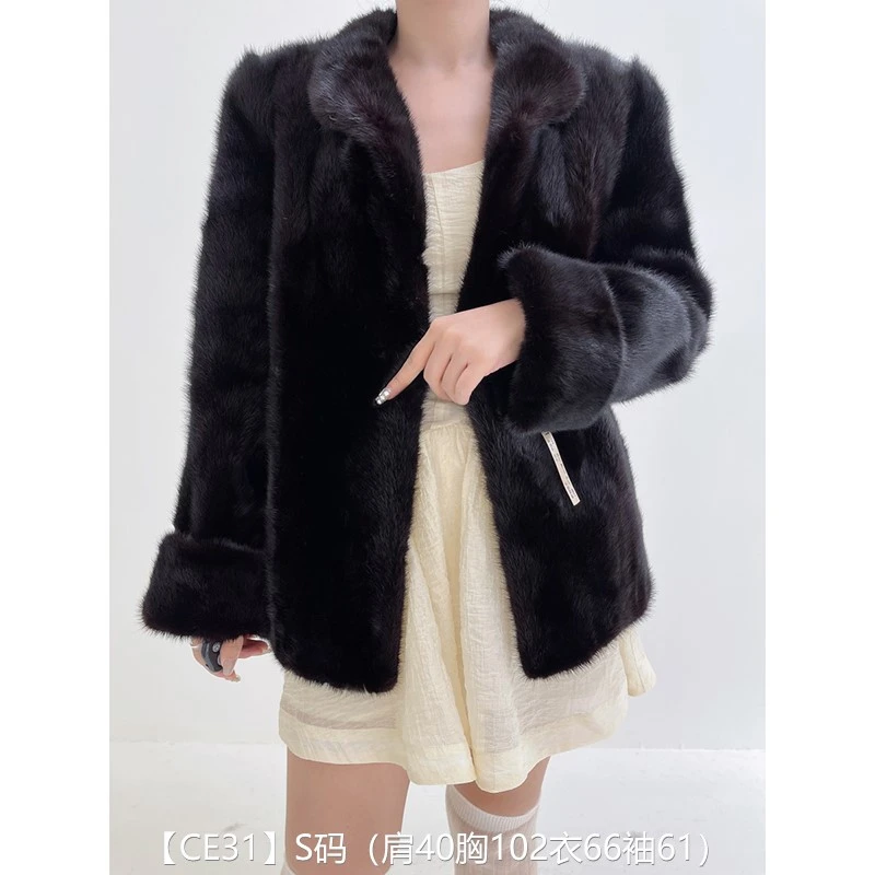 【CE31】S码 本黑色逆毛短款貂皮大衣皮草外套 立领挽袖