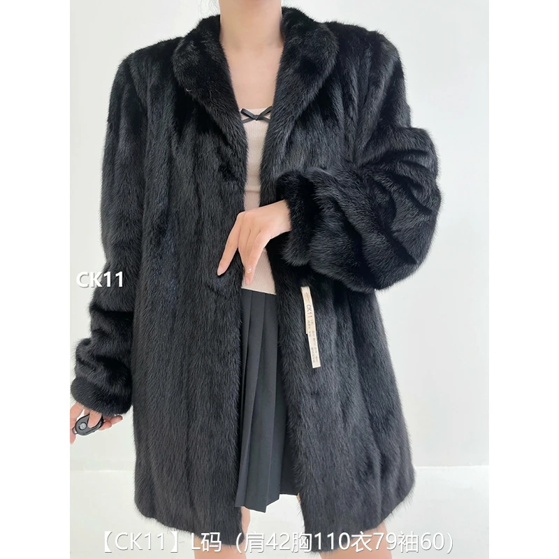 【CK11】L码 纯黑色全抽中长款貂皮大衣皮草 翻领泡泡袖