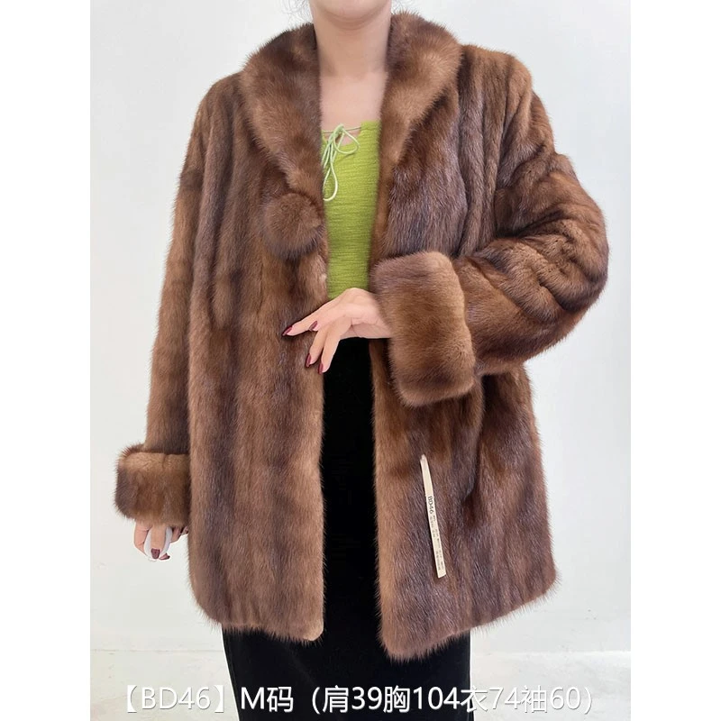 【BD46】M码 蜜茶棕全抽短款貂皮大衣皮草外套 青果领挽袖