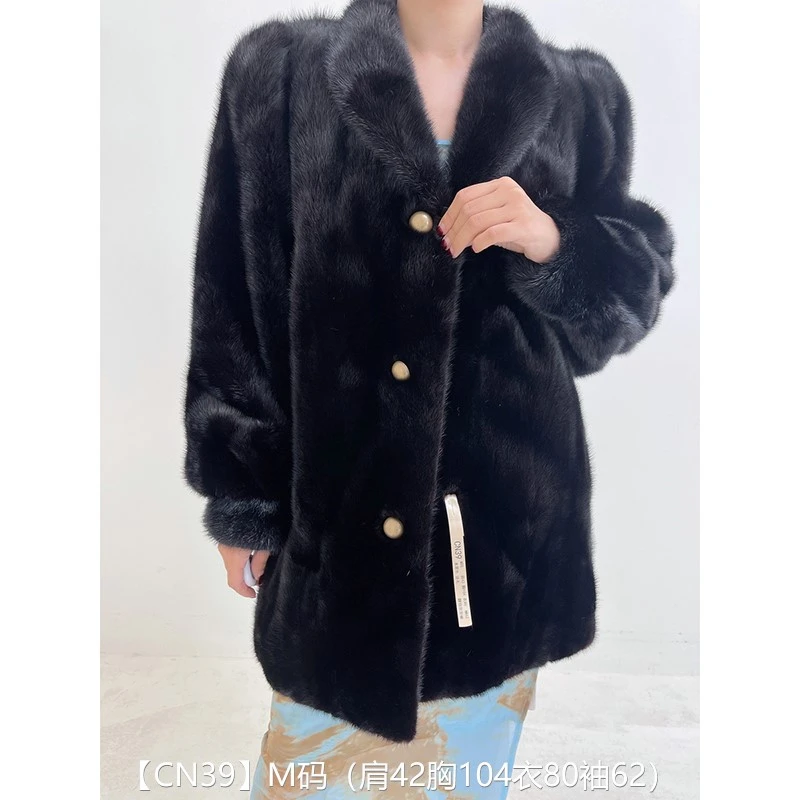【CN39】M码 本黑色逆毛中长款貂皮大衣皮草外套 翻领泡泡袖