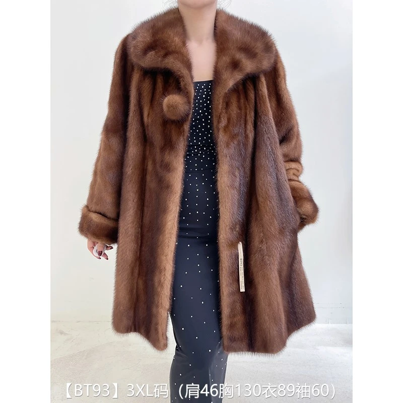 【BT93】3XL码 蜜茶棕全抽中长款貂皮大衣皮草外套 披肩领挽袖