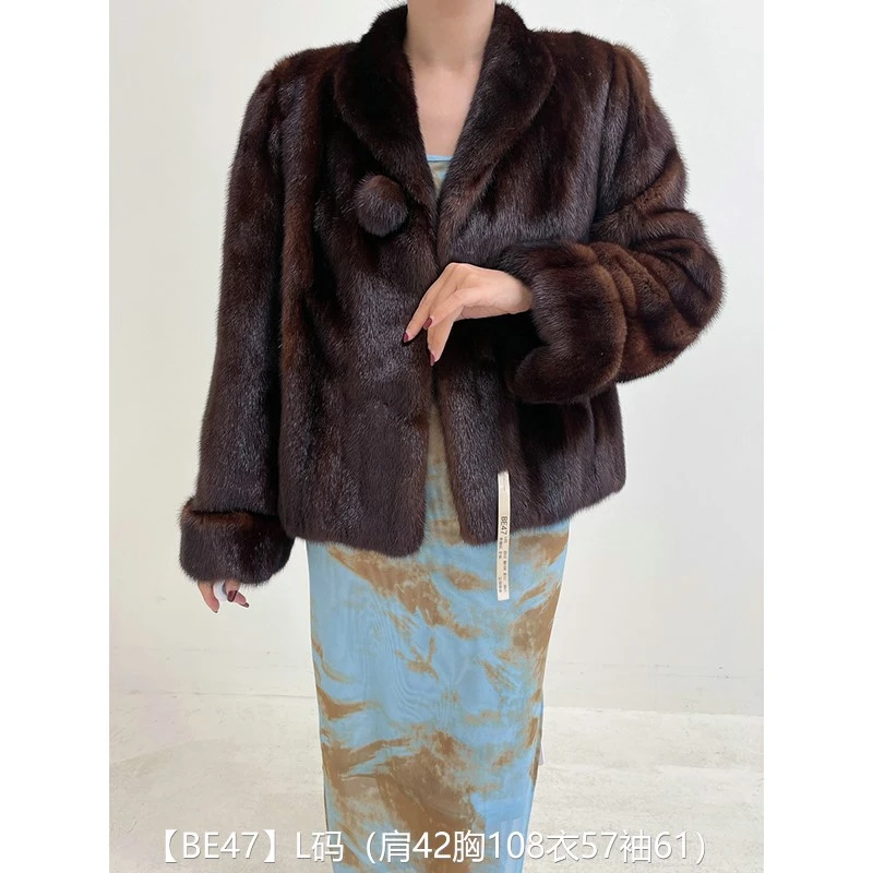 【BE47】L码 焦糖棕全抽超短款貂皮大衣皮草外套 立领挽袖