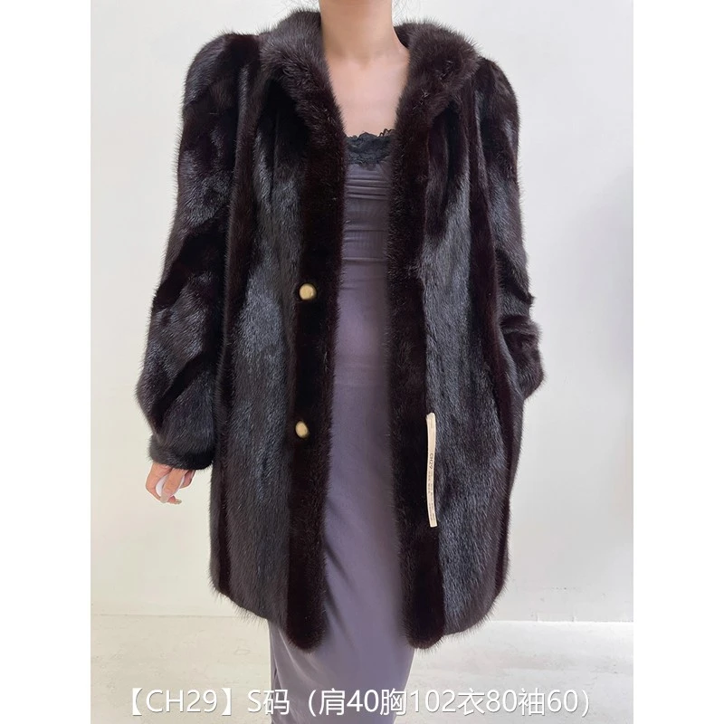 【CH29】S码 红黑色顺逆毛中长款貂皮大衣皮草外套 立领斜纹袖