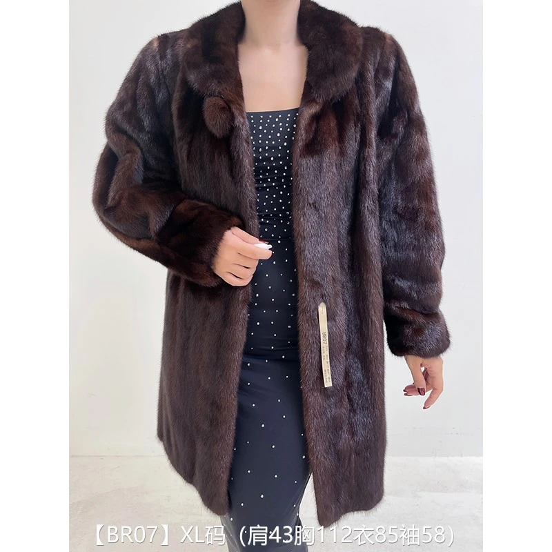 【BR07】XL码 深棕色全抽中长款貂皮大衣外套皮草 翻领泡泡袖