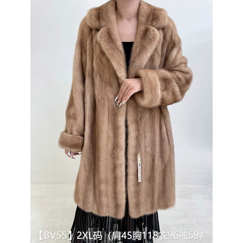 【BV55】2XL码 奶茶棕全抽长款貂皮大衣皮草外套 西装领挽袖