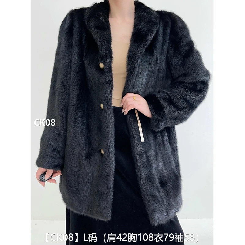 【CK08】L码 纯黑色全抽中长款貂皮大衣皮草外套 翻领泡泡袖