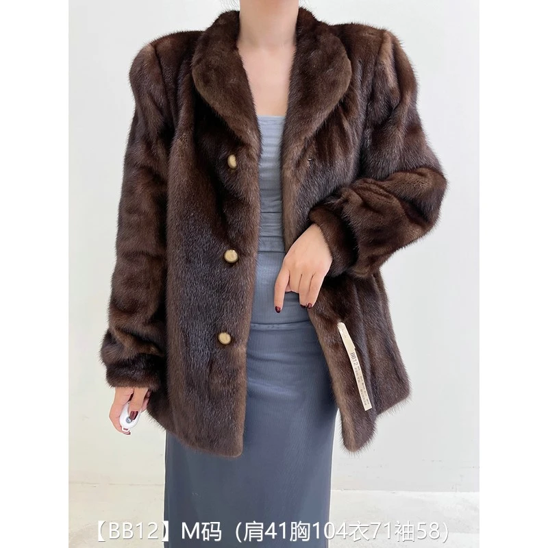 【BB12】M码 老茶棕全抽短款貂皮大衣皮草外套 翻立领泡泡袖