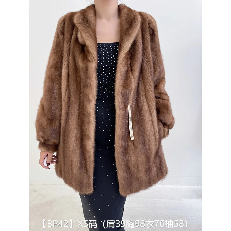【BP42】XS码 蜜茶棕全抽中长款貂皮大衣皮草外套 翻领泡泡袖